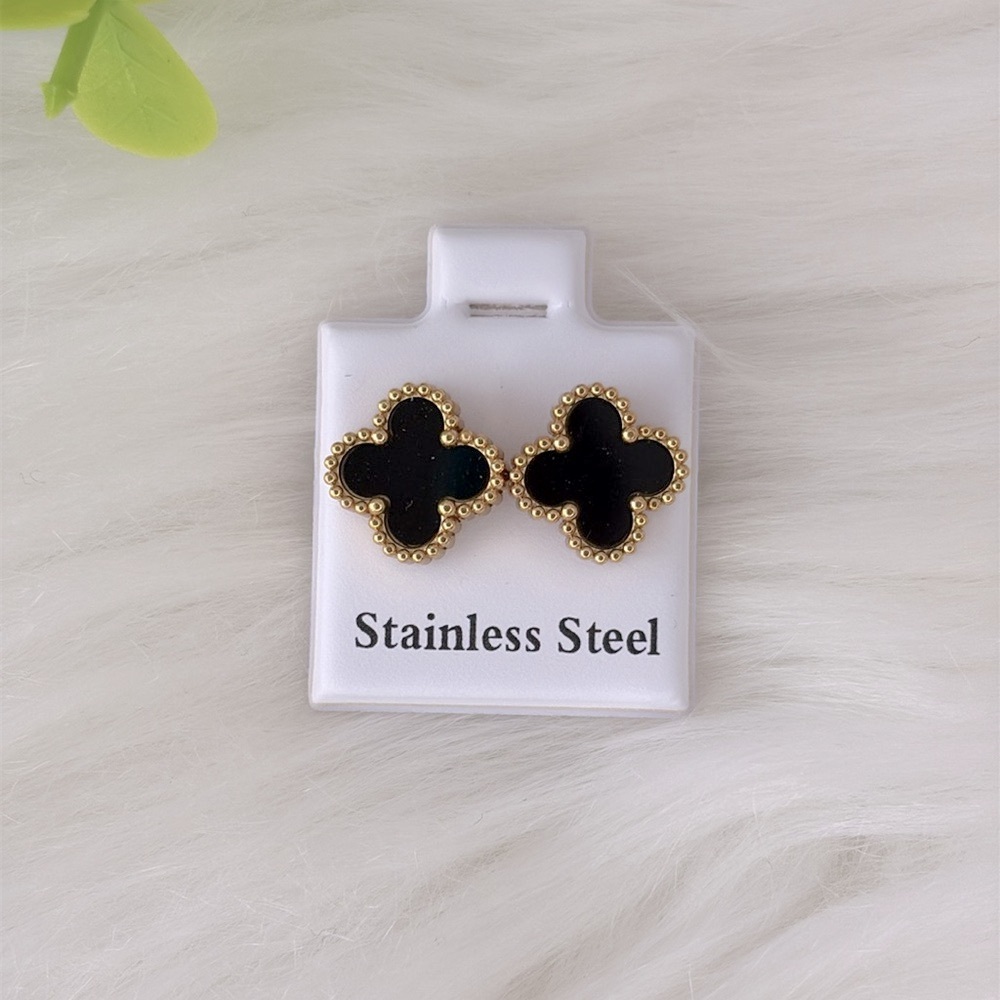 Gold and Black Stainless Steel Clover Earrings‎ - Picture 6 of 9